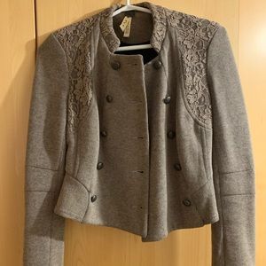 Free People Taupe Lace-Shoulder Double-Breasted Blazer Jacket